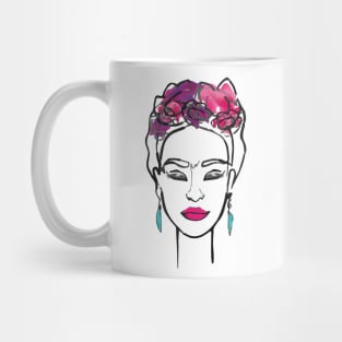 Frida Kahlo famous mexican painter line portrait red lips and roses minimalist decorationfemale painter, mexican art, mexican artist, minimalistic red lips Mug